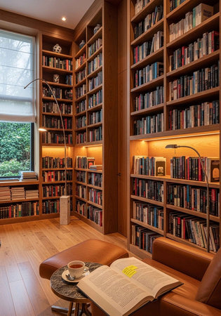 A cozy library with a brown leather couch and a large bookshelf filled with books