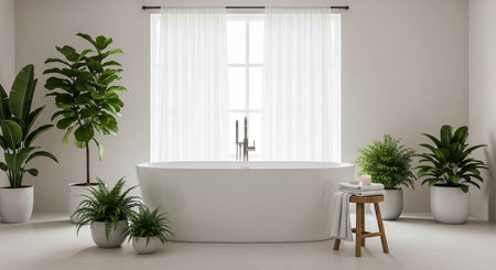 A serene bathroom with a freestanding tub surrounded by lush green plants and natural lightの写真素材