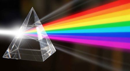 A crystal prism refracts light into a vibrant rainbow spectrumの写真素材