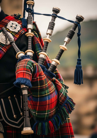 A man in traditional Scottish attire playing the bagpipes outdoorsの写真素材