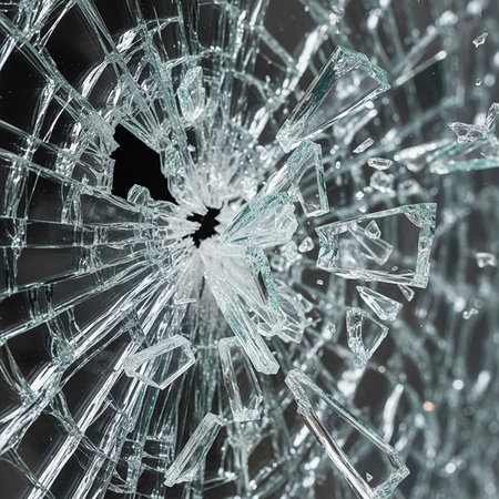 A close-up view of a shattered glass surface with sharp fragments and cracks