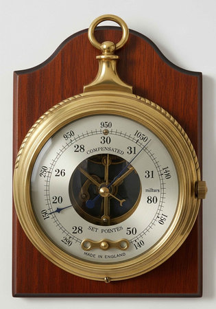 A vintage barometer mounted on a wooden panel with a gold frame and white faceの写真素材