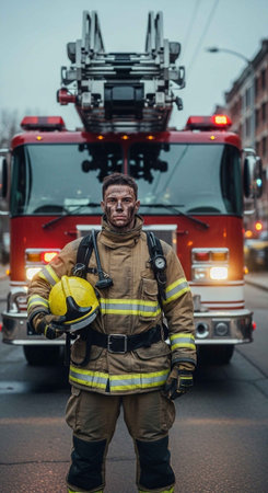 A firefighter in full gear stands confidently in front of a fire truckの写真素材