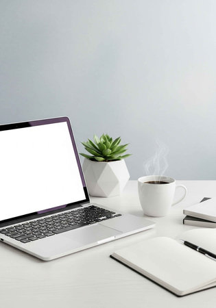 A modern workspace with a laptop, coffee, and plant on a clean deskの写真素材