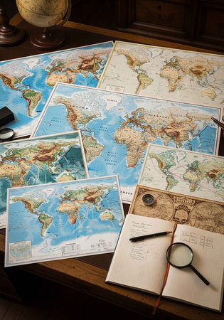 A collection of vintage maps and globes on a wooden desk with a notebook and magnifying glass
