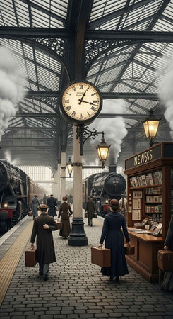 A bustling train station with people walking and trains arriving in the Victorian eraの写真素材