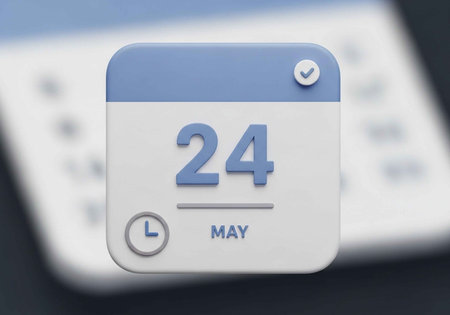 A digital calendar icon displaying the date May 24 on a blurred background
