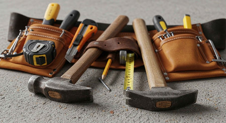 A collection of tools and equipment for construction and repair work on a concrete surface