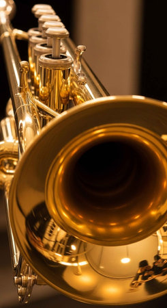 A shiny trumpet sitting on a table with a blurred background