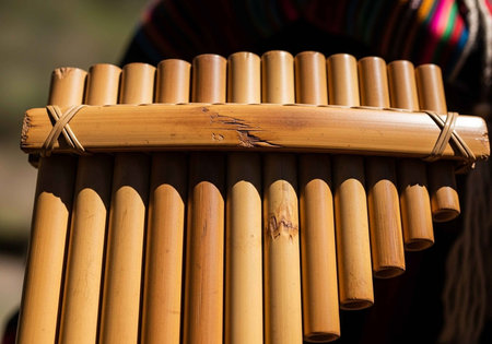 A close-up of a traditional bamboo panpipe instrument with colorful textiles in the backgroundの写真素材