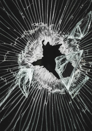 A shattered glass window with a black background and white cracks
