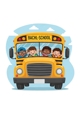 A cartoon illustration of a yellow school bus with happy children waving outside