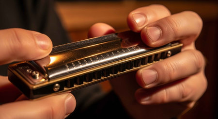 Close-up of hands holding a harmonica with fingers on the instrument