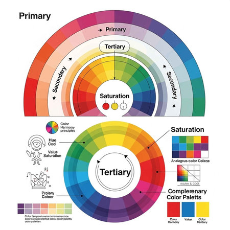 A comprehensive color wheel diagram illustrating primary, secondary, and tertiary color theoryの写真素材