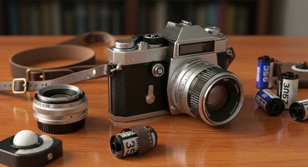 A vintage camera and photography equipment on a wooden table in a room