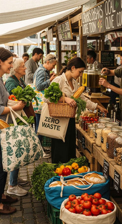 People shopping for fresh produce at an outdoor market with zero waste bags