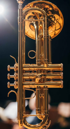 A shiny trumpet stands alone in a dark background with a bright spotlightの写真素材