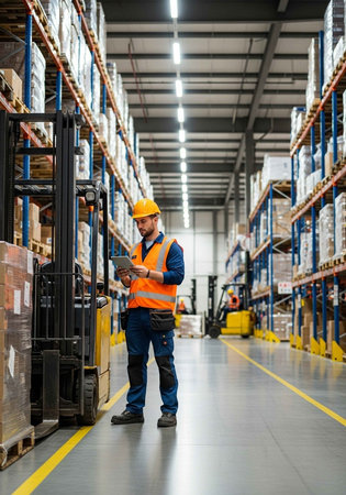A warehouse worker in a yellow hard hat and orange vest stands in a large warehouse aisleの写真素材