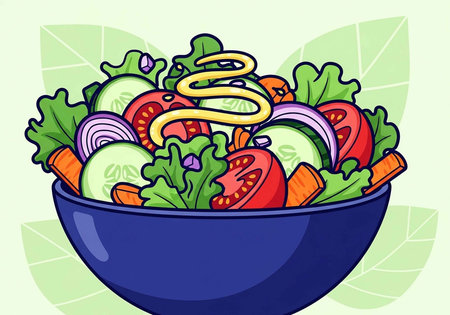 A vibrant and healthy salad in a blue bowl with various vegetables and lettuceの写真素材