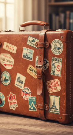 A vintage suitcase with travel stickers on a wooden floor in a cozy roomの写真素材