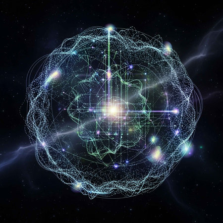 A vibrant digital illustration of a glowing geometric sphere in space with bright lights