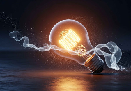 A glowing lightbulb with smoke emanating from it in a dark room