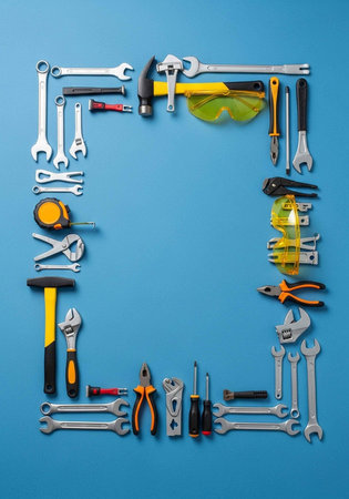 A collection of various tools arranged in a square on a blue backgroundの写真素材