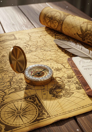 A vintage compass and feather quill on an old yellowed treasure map