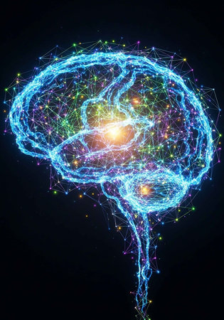 A vibrant digital illustration of a human brain with glowing neural connections