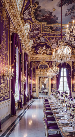 A luxurious dining room with a long table and ornate decorations and chandeliersの写真素材