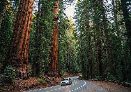 A silver car drives down a winding road through a forest of tall trees