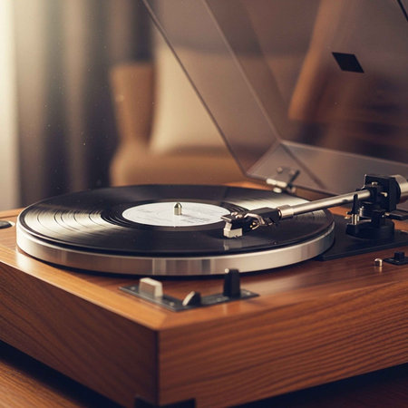 A vinyl record player sits on a wooden table in a cozy room