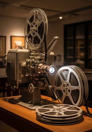 An old film projector sits on a wooden table in a dimly lit room