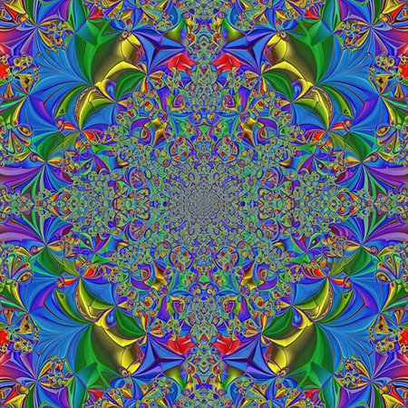 A vibrant and colorful symmetrical pattern with intricate designs and shapes