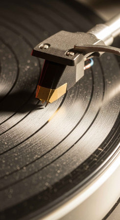 A close-up view of a record player's stylus on a vinyl record