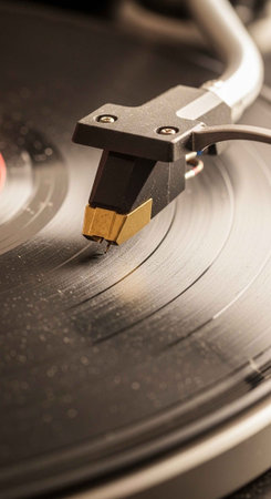 A close-up view of a record player's needle on a vinyl record