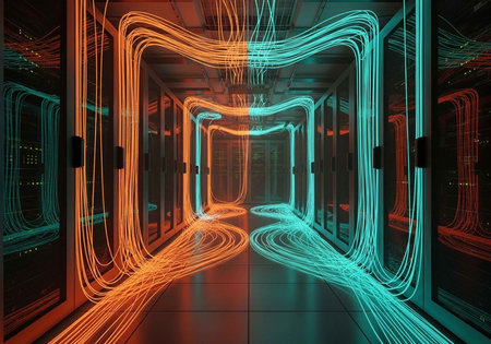 A futuristic server room with vibrant neon lights and glowing fiber optic cables