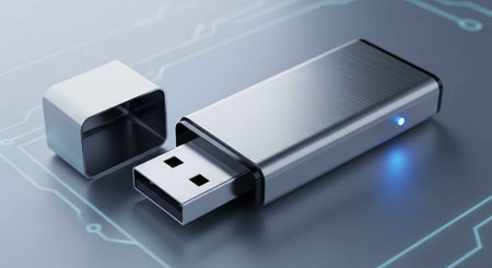 A sleek silver USB flash drive with a blue light on a circuit board background
