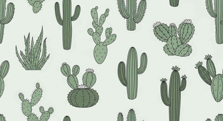 A seamless pattern of various cacti and succulents on a light background