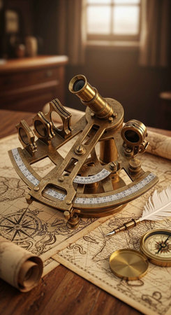 An antique sextant and compass on a vintage nautical chart in a study