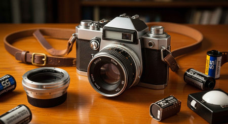 A vintage camera and photography equipment on a wooden table indoors