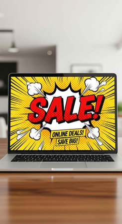 A laptop computer displays a vibrant online sale advertisement on its screen.の写真素材