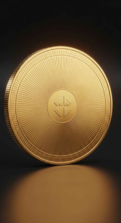 A close-up view of a shiny gold coin with intricate design and patternの写真素材