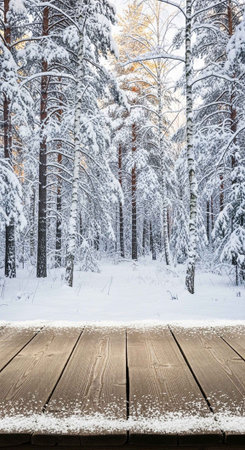 A serene winter forest scene with a wooden platform in the foreground covered in snowの写真素材