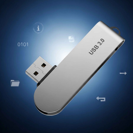 A sleek silver USB 3.0 flash drive on a blue background with technology icons