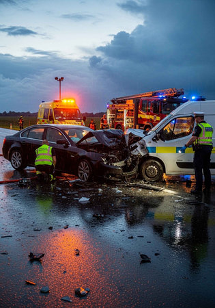 Emergency responders attend to a multi-vehicle accident on a wet road at dusk