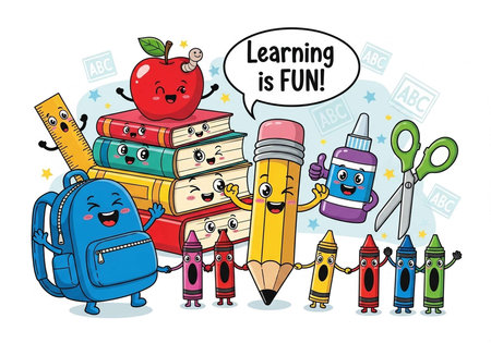 A colorful illustration of cartoon school supplies and books with smiling faces