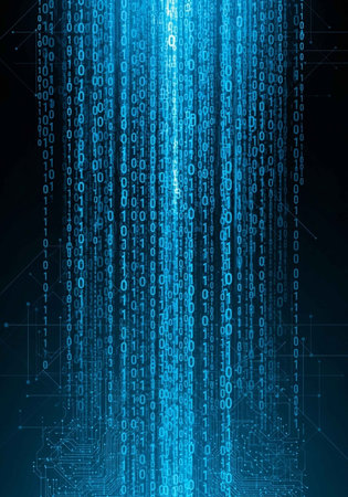 A digital illustration of blue binary code cascading down a dark background