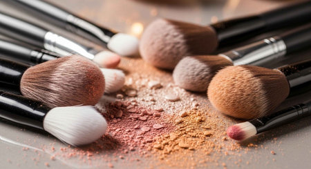 A collection of makeup brushes and powder on a clean surface for beauty