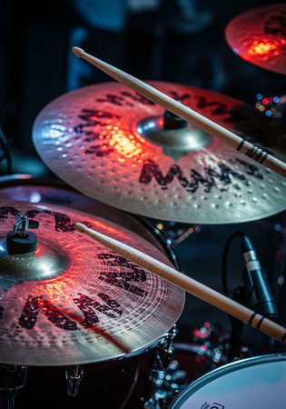 A close-up view of a drum set with cymbals and drumsticks in a dark roomの写真素材